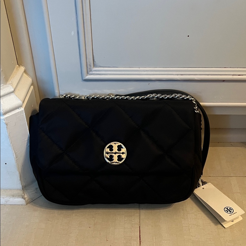 Tory Burch Black Quilted Shoulder Bag with Silver-Tone Logo